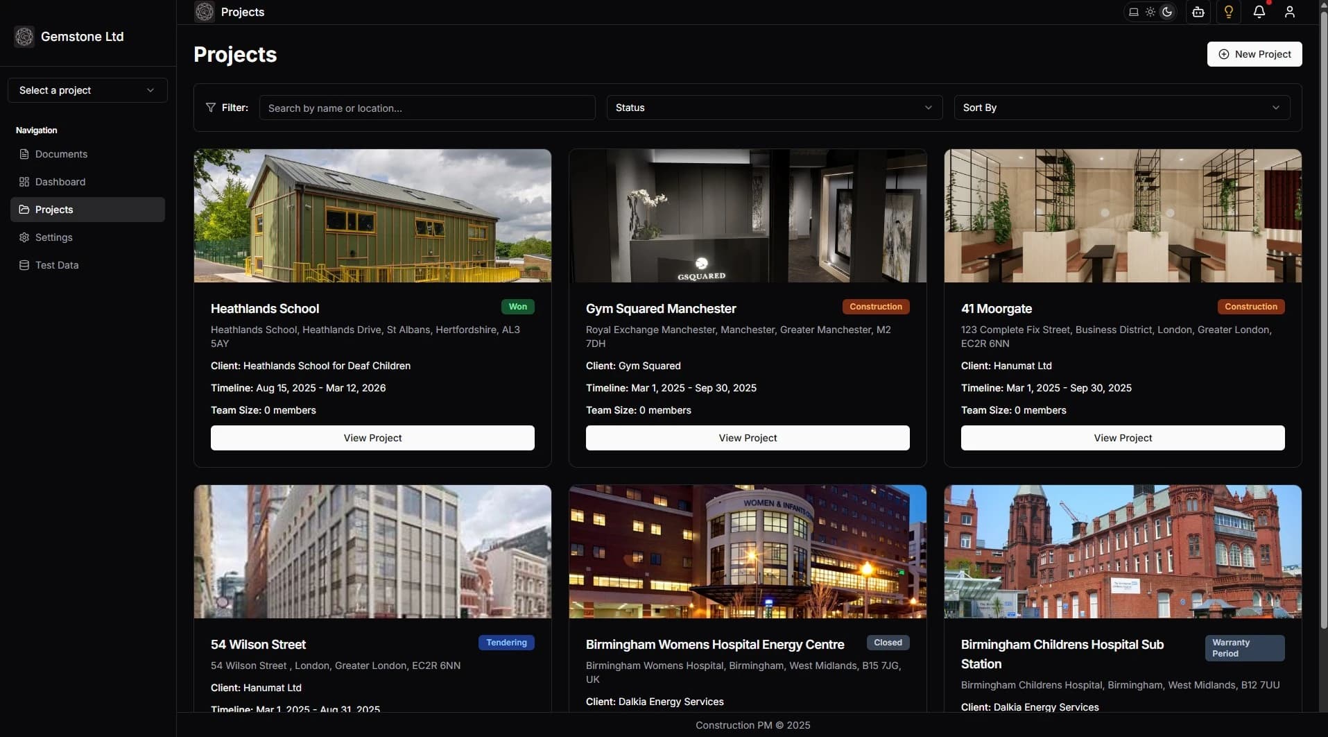 Projects dashboard screenshot
